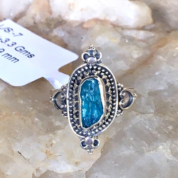 NEON BLUE APATITE Bali filigree sterling ring 7 - Picture 10 of 10